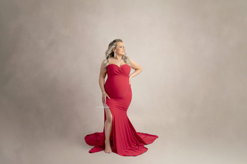 maternity photo in red dress