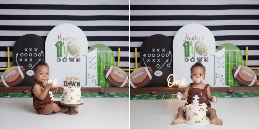 First Year Down Cake Smash football themed backdrop