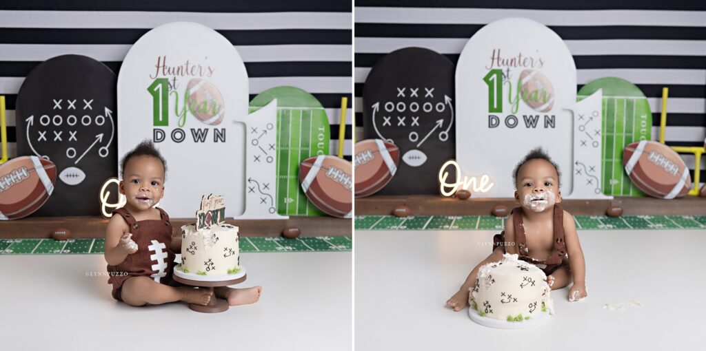 Baby boy football cake smash with custom themed cake