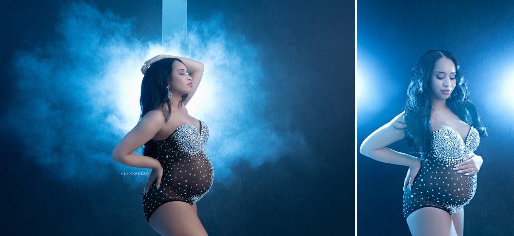 Black rhinestone maternity bodysuit studio portraits