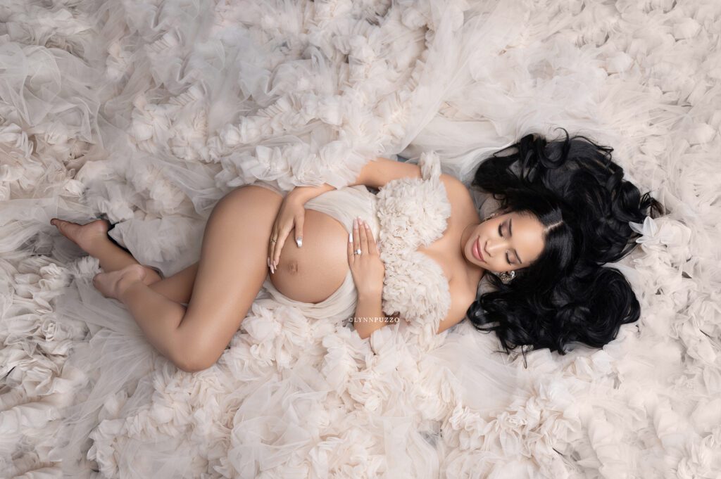 Atlanta studio maternity photographer cream maternity gown