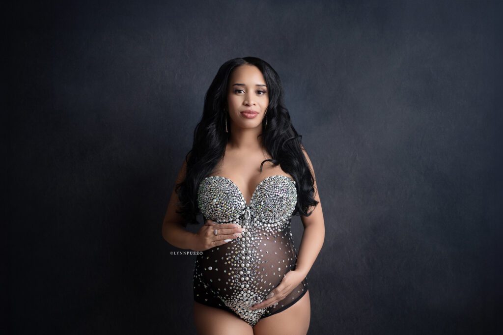 Black rhinestone maternity bodysuit studio portraits